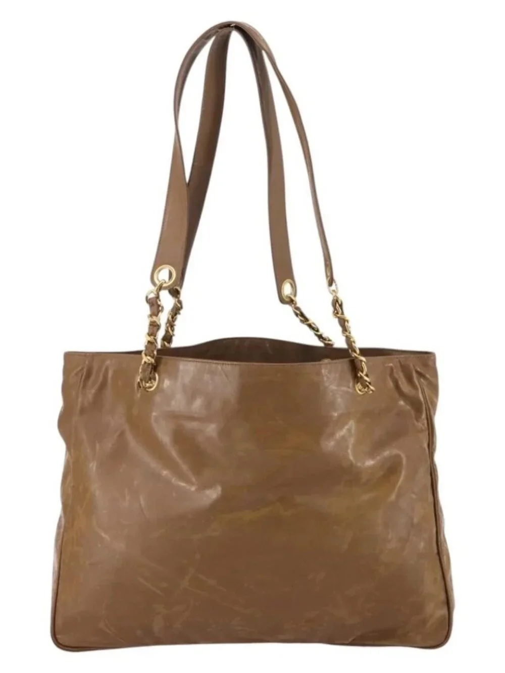 CHANEL Tote Bag Enamel Brown Gold CC Auth bs29208